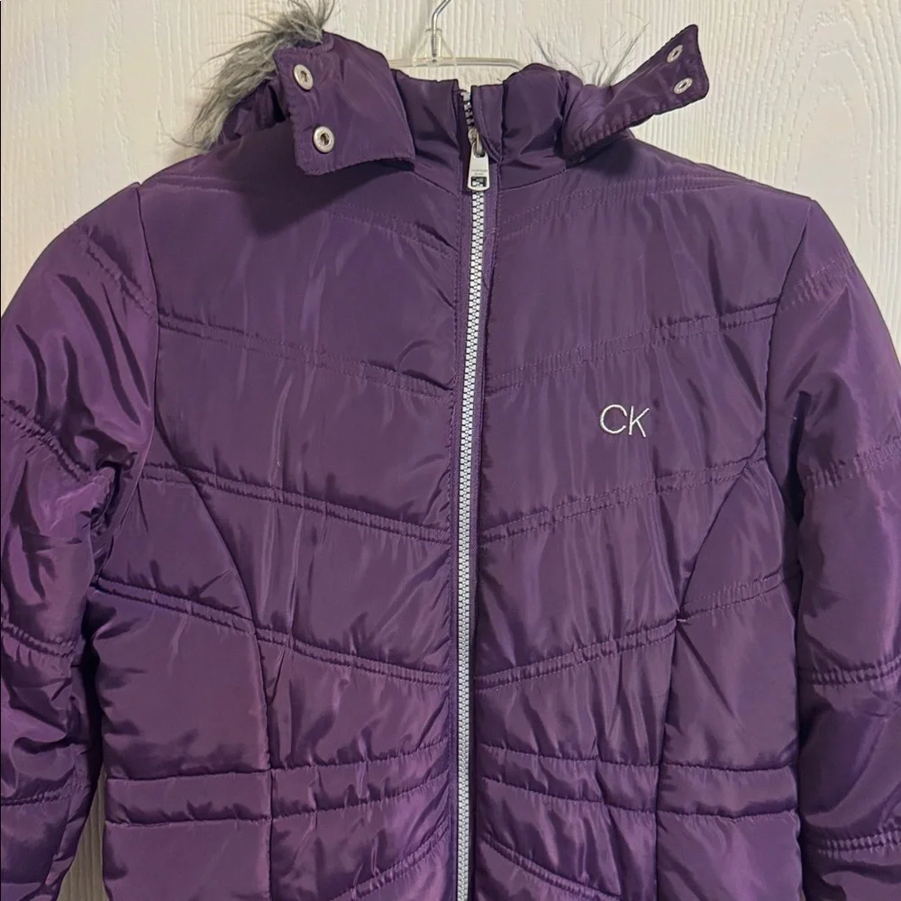 Calvin Klein Girls‎ Large 12/14 Ariel Puffer Coat Purple Full Zip Faux Fur Hood